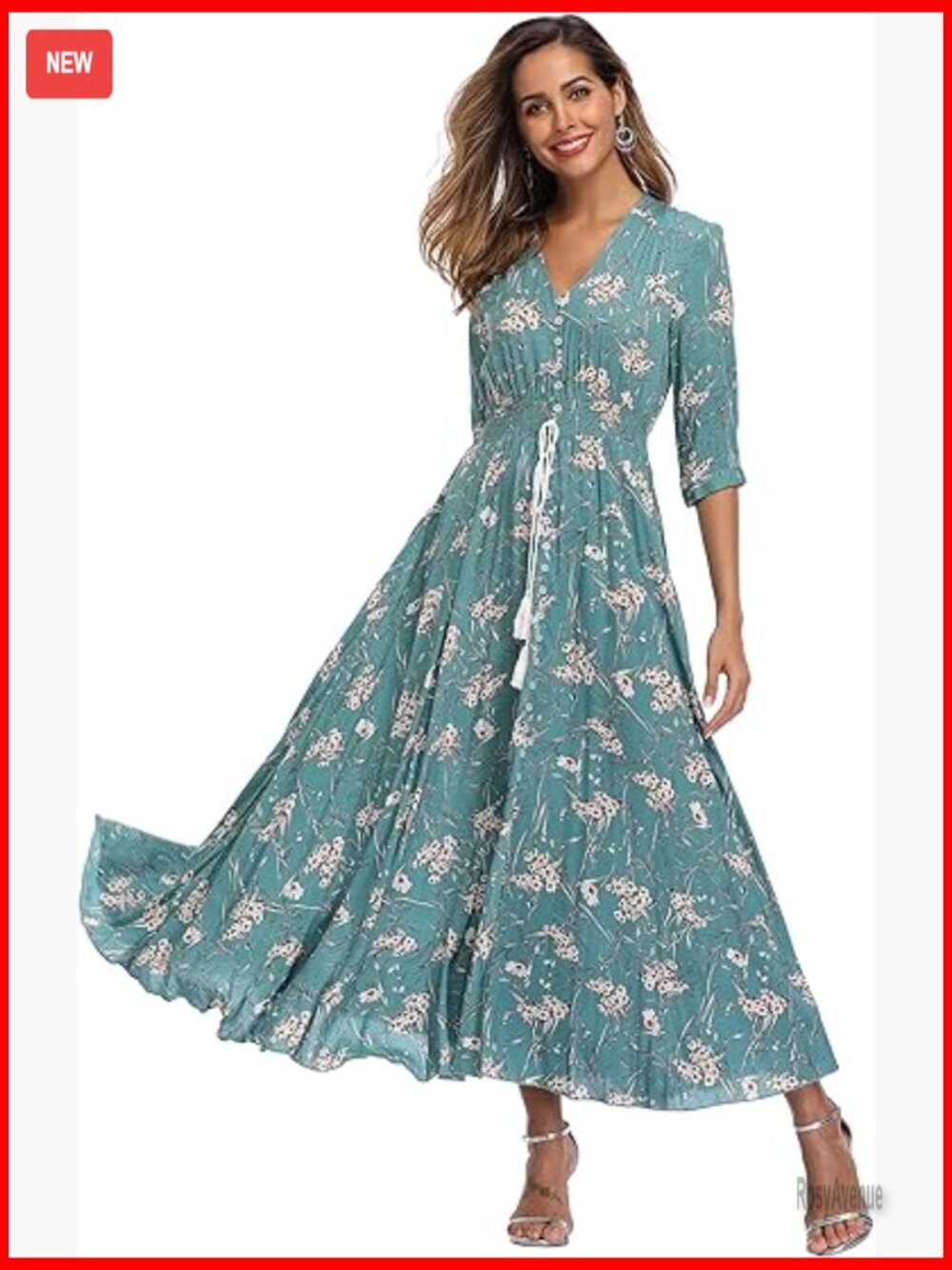Floral Maxi Dress with Sleeves, Boho Beach Dress, Lightweight Rayon - Picture 1 of 7